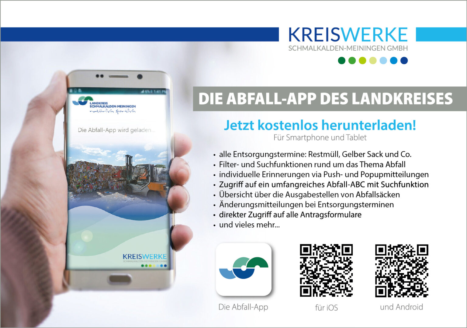 Werbegrafik zur Abfall-App des Landkreises Schmalkalden-Meiningen Werbe-Grafik zur Abfall-App des Landkreises Schmalkalden-Meiningen mit QR-Codes für die Betriebssysteme iOs und Android.