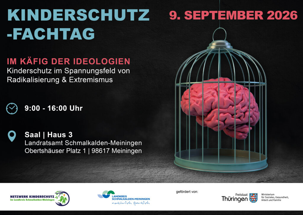 Plakatmotiv des Kinderschutz-Fachtages 2026 mit einem Gehirn in einem Käfig der die Begrenzung des Denkens symbolisieren soll.