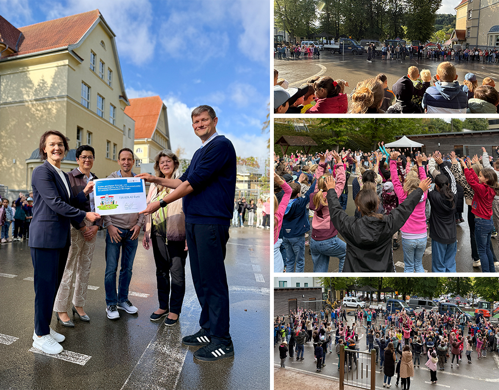 Dr. Sebastian Steinecke vom Thüringer Bildungsministerium übergibt den Förderbescheid für die Grundschulen Schmalkalden und Floh-Seligenthal an Landrätin Peggy Greiser. Mit auf dem Bild sind die Schulleiterinnen Anja Mittelsdorf und Heike Maschke sowie Martin Schuster, Fachdienstleiter Bau und Gebäudeverwaltung im Landratsamt.