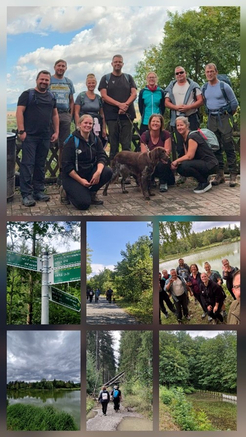Collage mit mehreren Fotos einer Wandergruppe, die gemeinsam durch das Grabfeld gewandert ist.