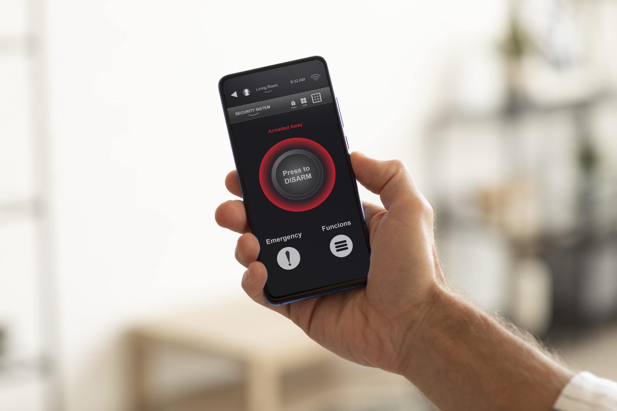 Eine Hand hält ein Smartphone. Darauf leuchtet ein Alarm auf.